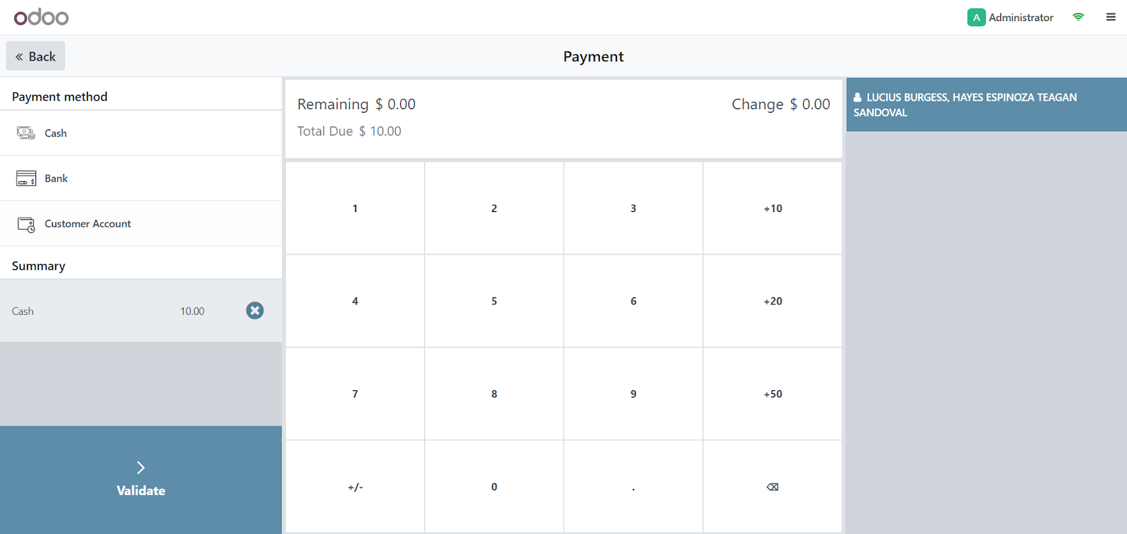 Mobile refund validation screen with payment method selection and Validate button