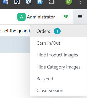 Mobile POS interface with hamburger menu in top right corner