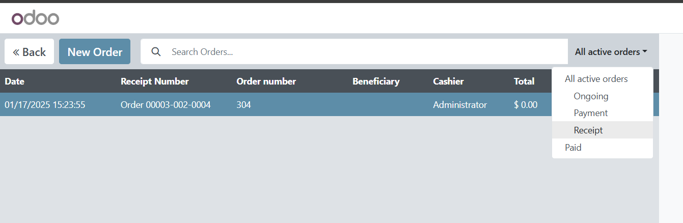 Mobile orders screen with filter options showing All active orders and Paid status