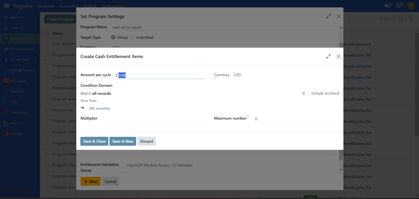 Add a line interface for cash entitlement with Amount per cycle field visible