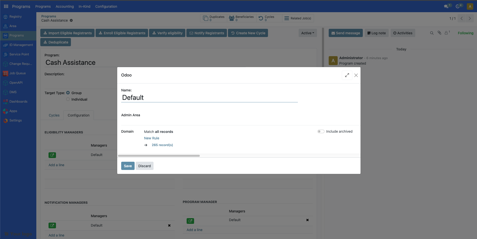 Eligibility manager popup showing Admin Area dropdown, New Rule button, and criteria configuration options