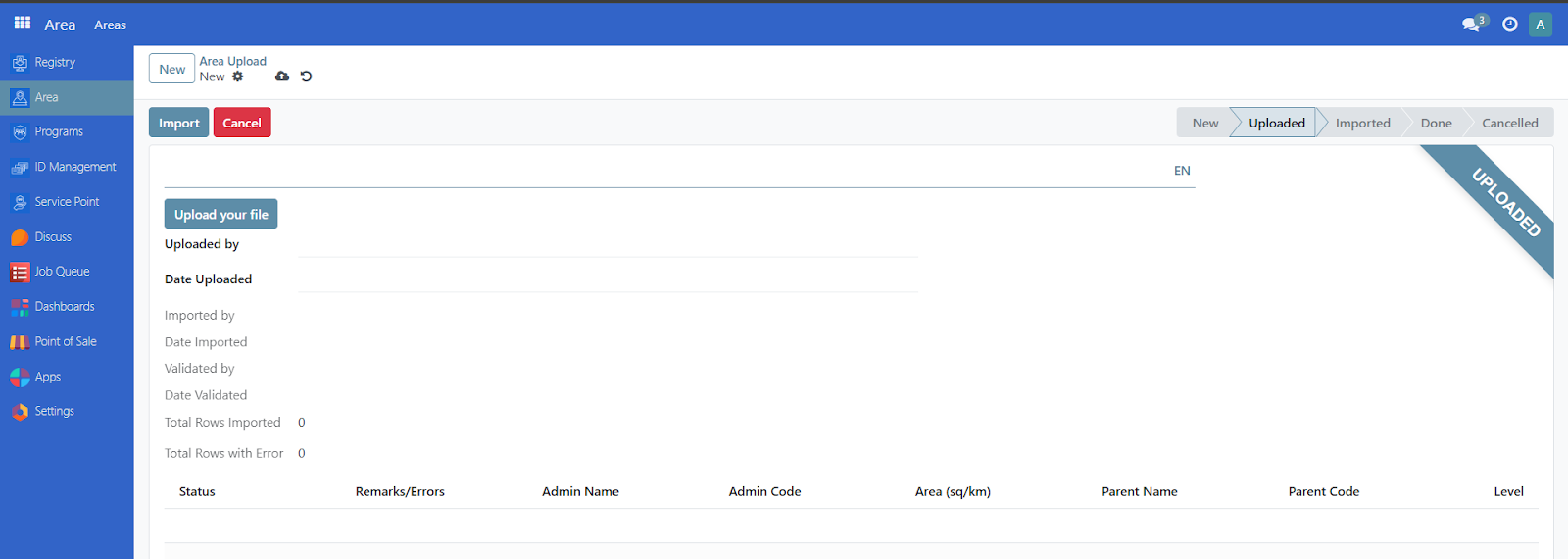 Area import dialog showing file upload interface with drag-and-drop area and file selection button
