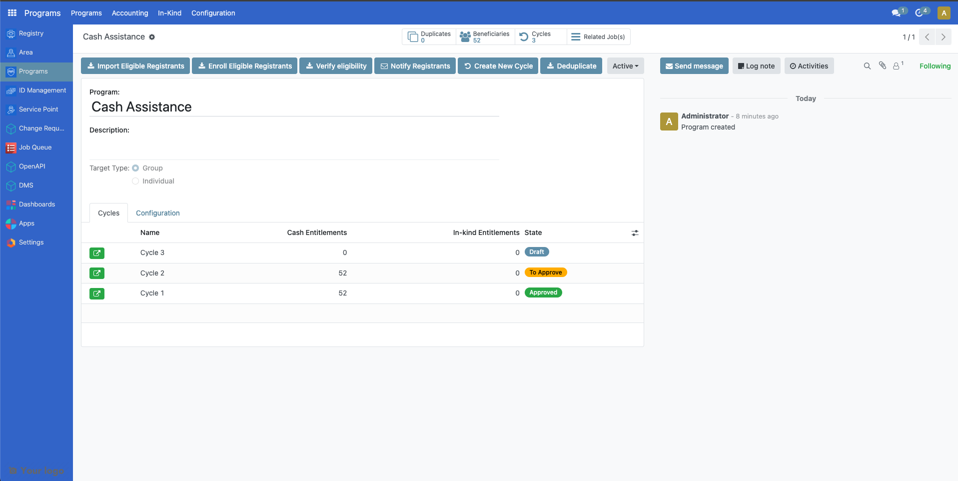 Eligibility criteria interface showing record count of qualifying beneficiaries and Save button