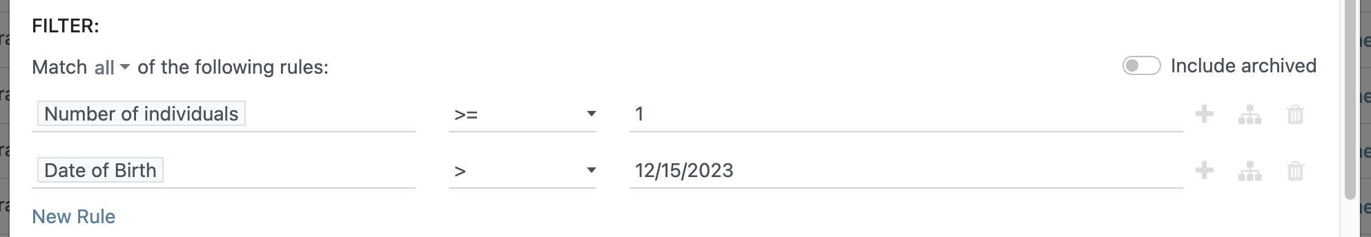 Eligibility criteria query example showing Number of individuals and Date of Birth filters with All/Any selection options