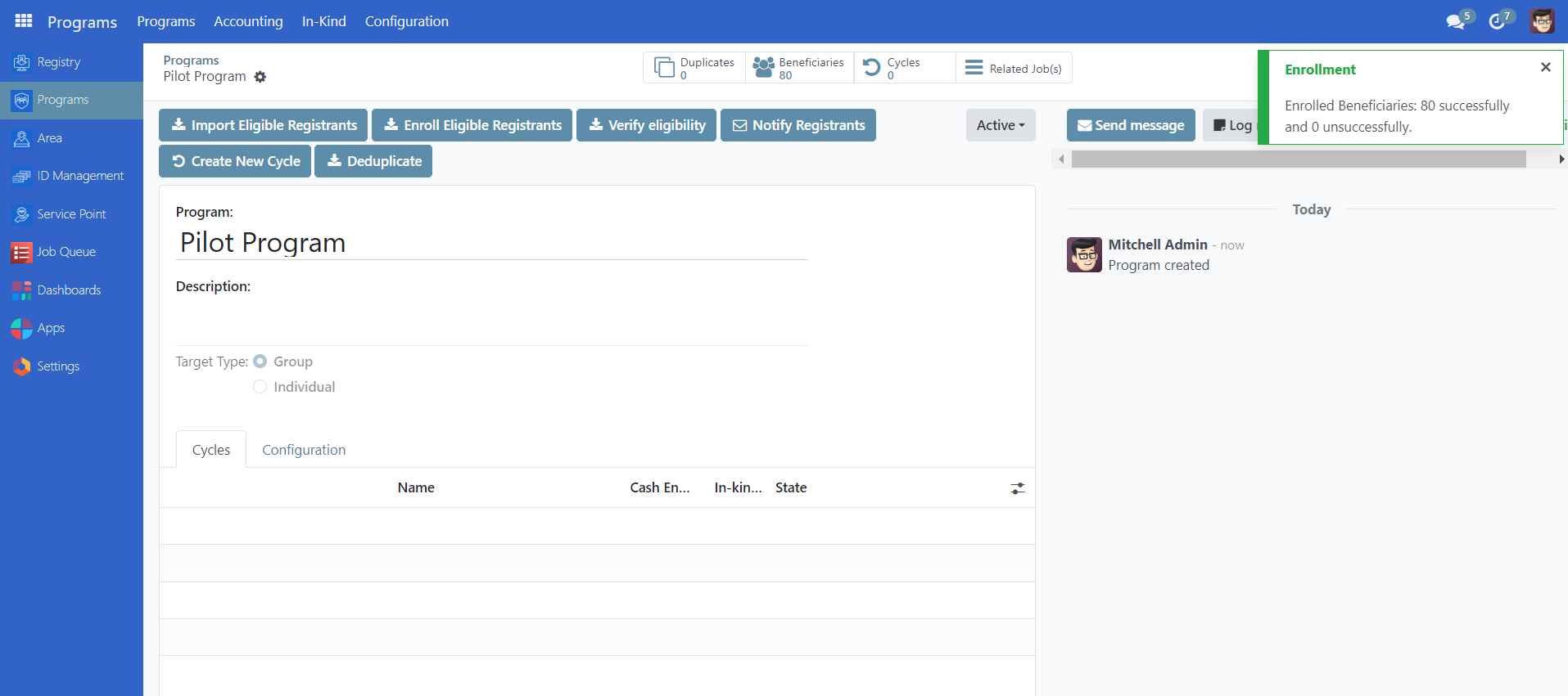 Yellow notification showing enrollment in progress message with instructions to refresh page when complete