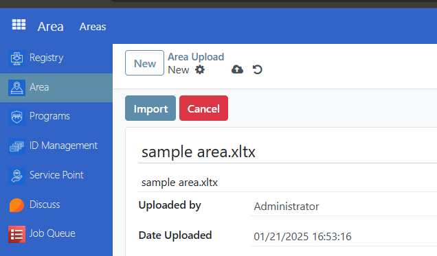 Area import dialog showing uploaded file ready for import with Import button highlighted
