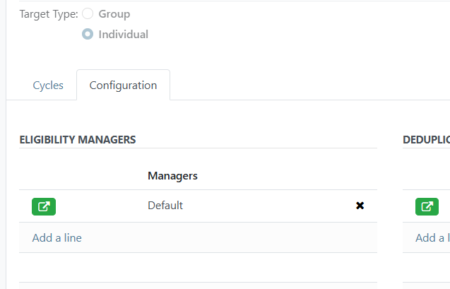 Existing program Configuration tab showing program settings and entitlement manager section
