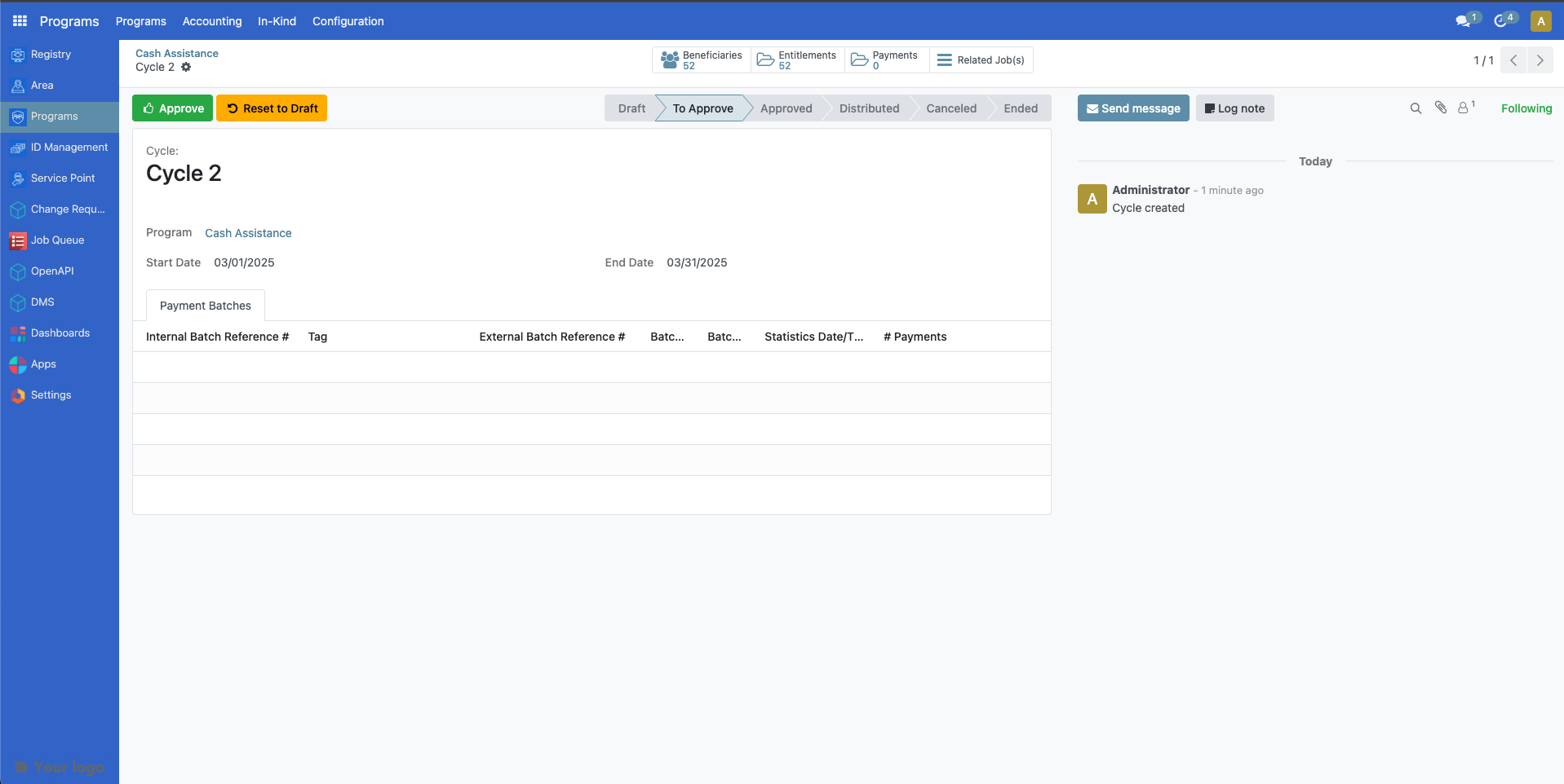 Cycle actions menu showing Reset to Draft button for cycles in To Approve state