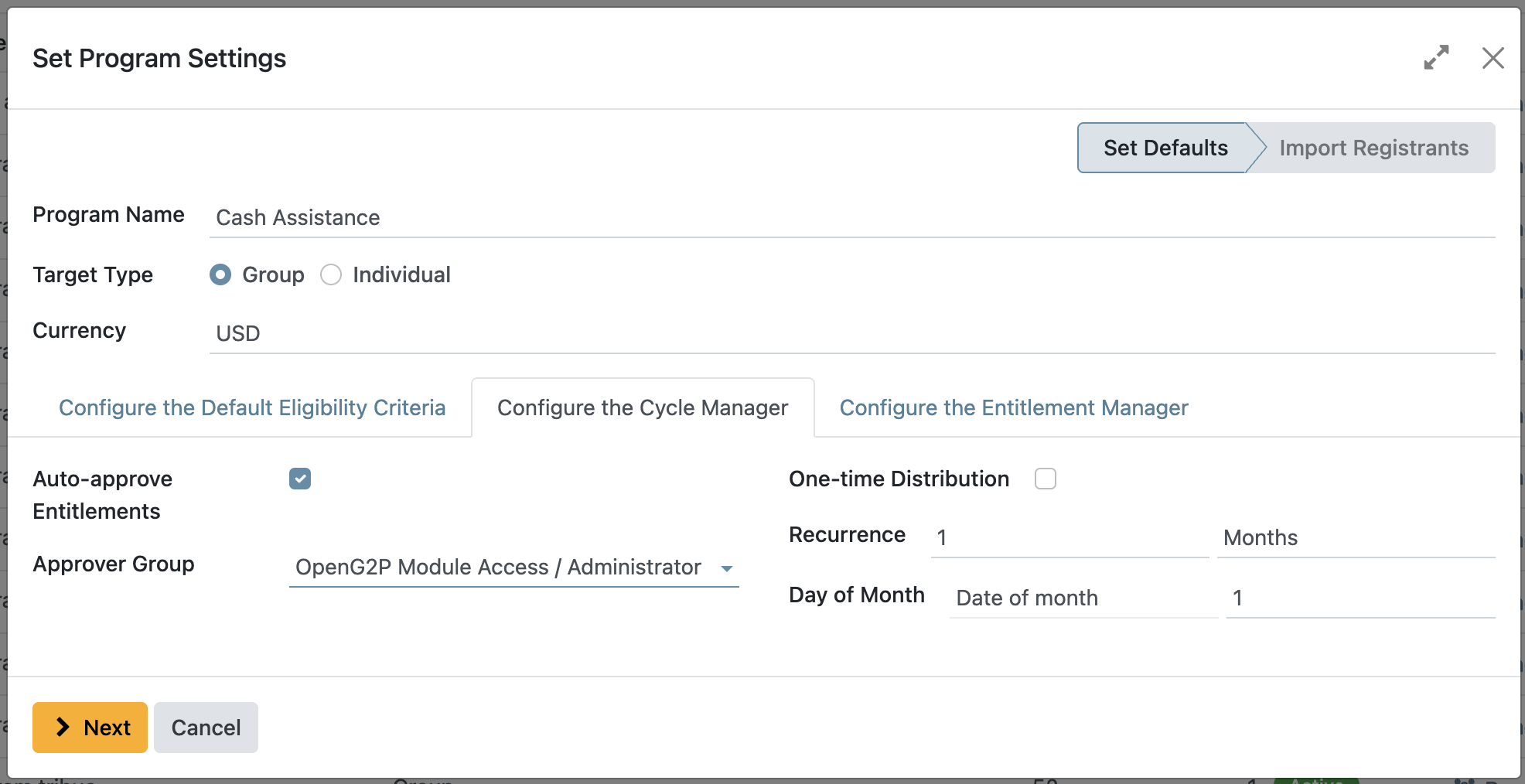 Cycle Manager configuration showing options for auto-approve entitlements, approver group, and recurrence settings