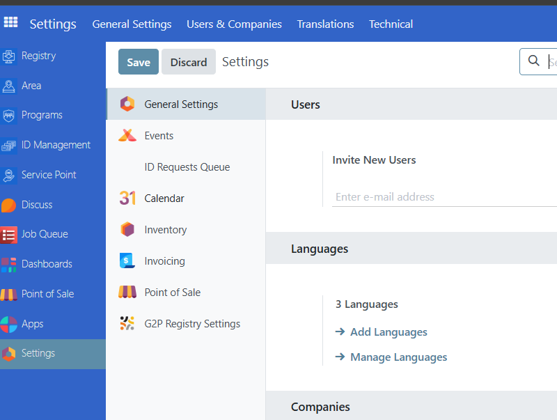 OpenSPP Settings page showing the Languages section with Manage Languages option highlighted