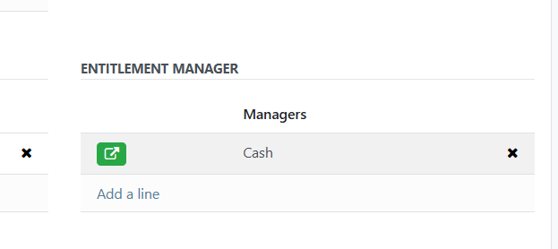 Entitlement manager section expanded showing configured cash entitlement items with green expand button