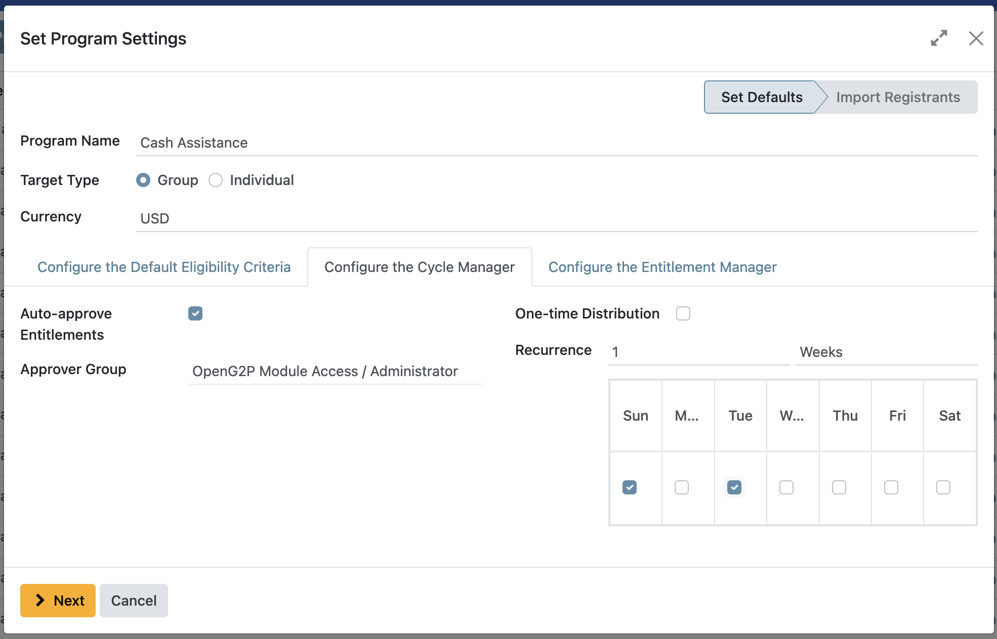 Weekly recurrence configuration showing day of the week selection options for cycle scheduling