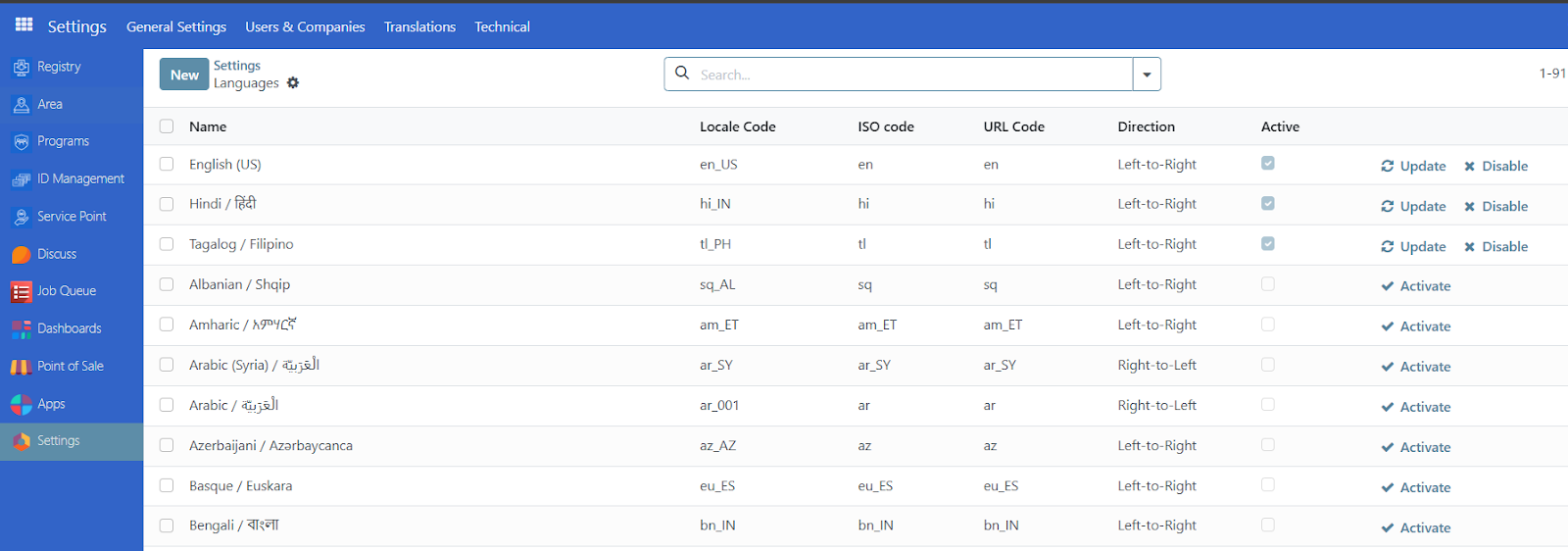 Language management interface showing a table of active languages with their names, ISO codes, and status