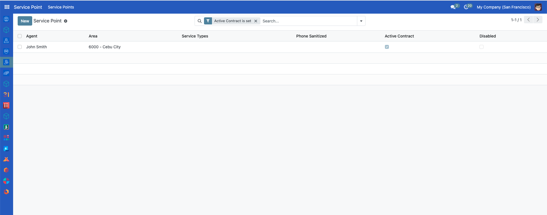 Service Points list filtered to show only service points that have an active contract