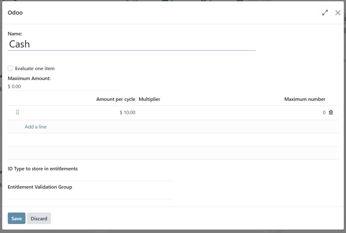 Cash entitlement item with trash delete icon highlighted in the far right corner