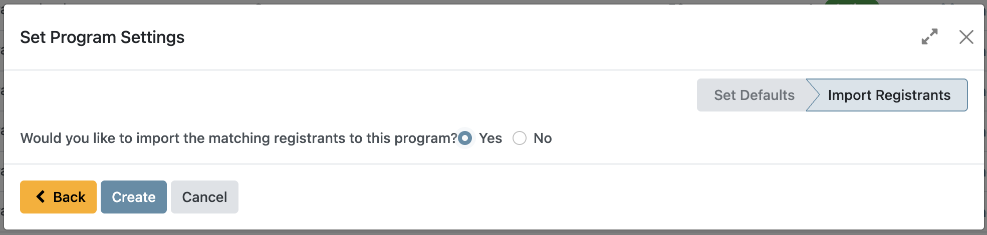 Import Registrants final step showing Yes/No option for automatically enrolling eligible beneficiaries during program creation