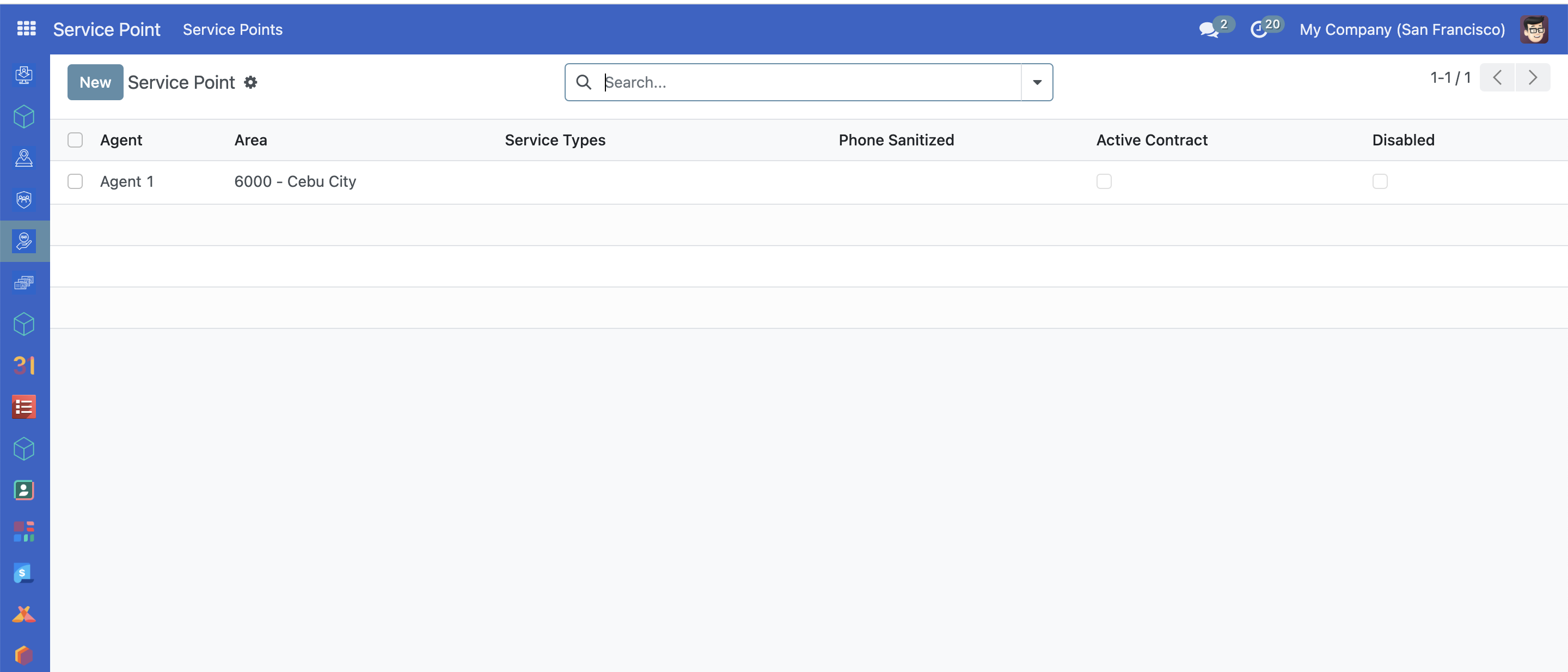 Service Points page showing the New button highlighted to create a new service point