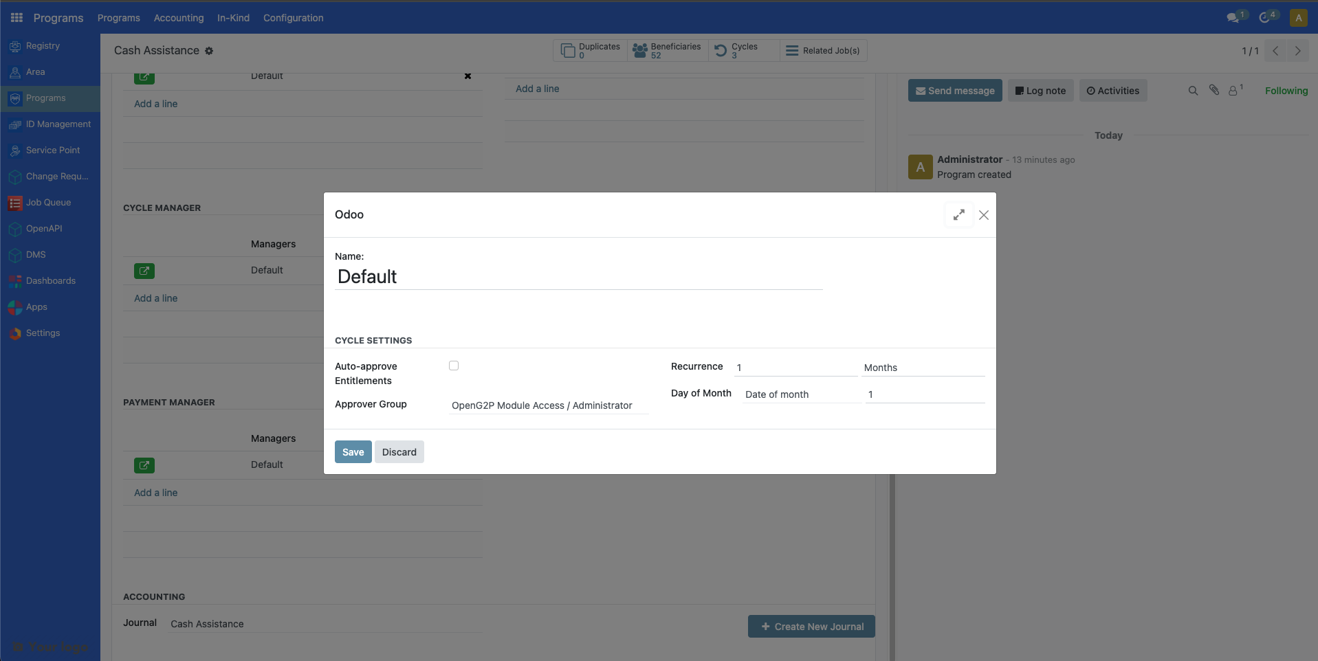Cycle manager configuration popup with fields for recurrence, auto-approval, and approver group settings