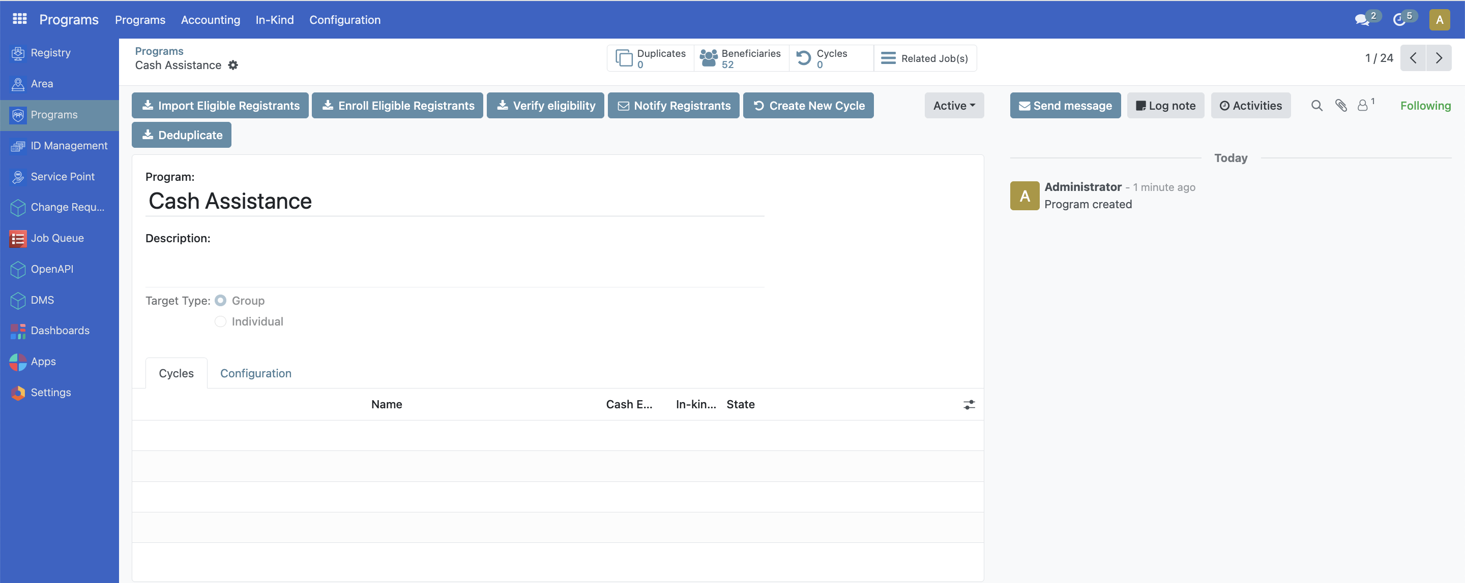 Completed program creation showing the new program interface with beneficiaries count and configuration options