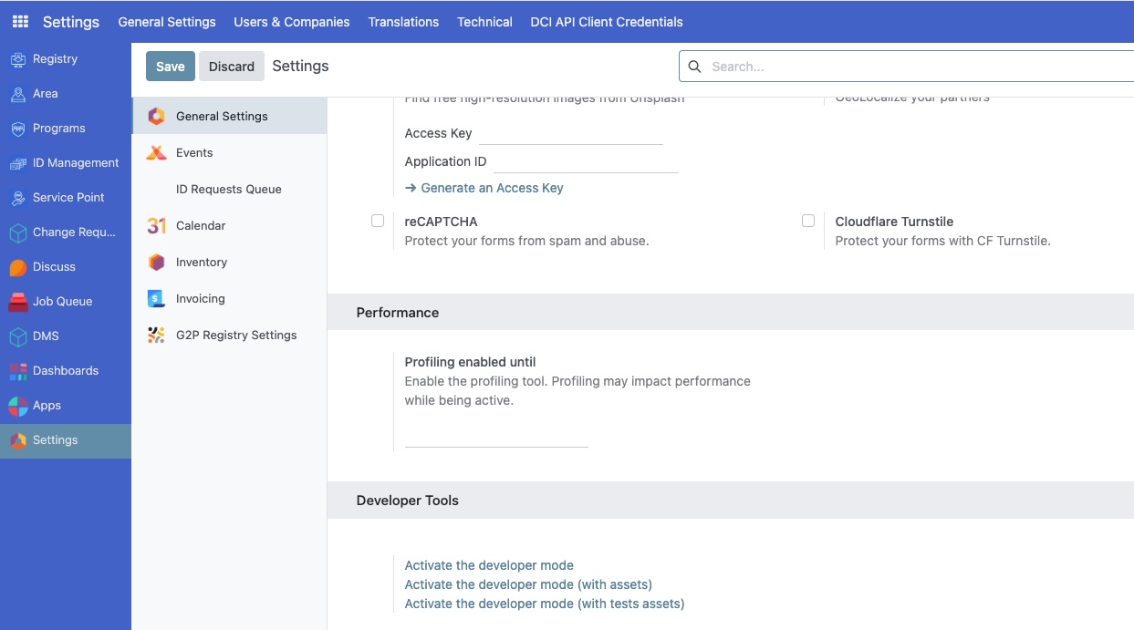 Settings page showing the 'Activate the developer mode' button at the bottom of the page