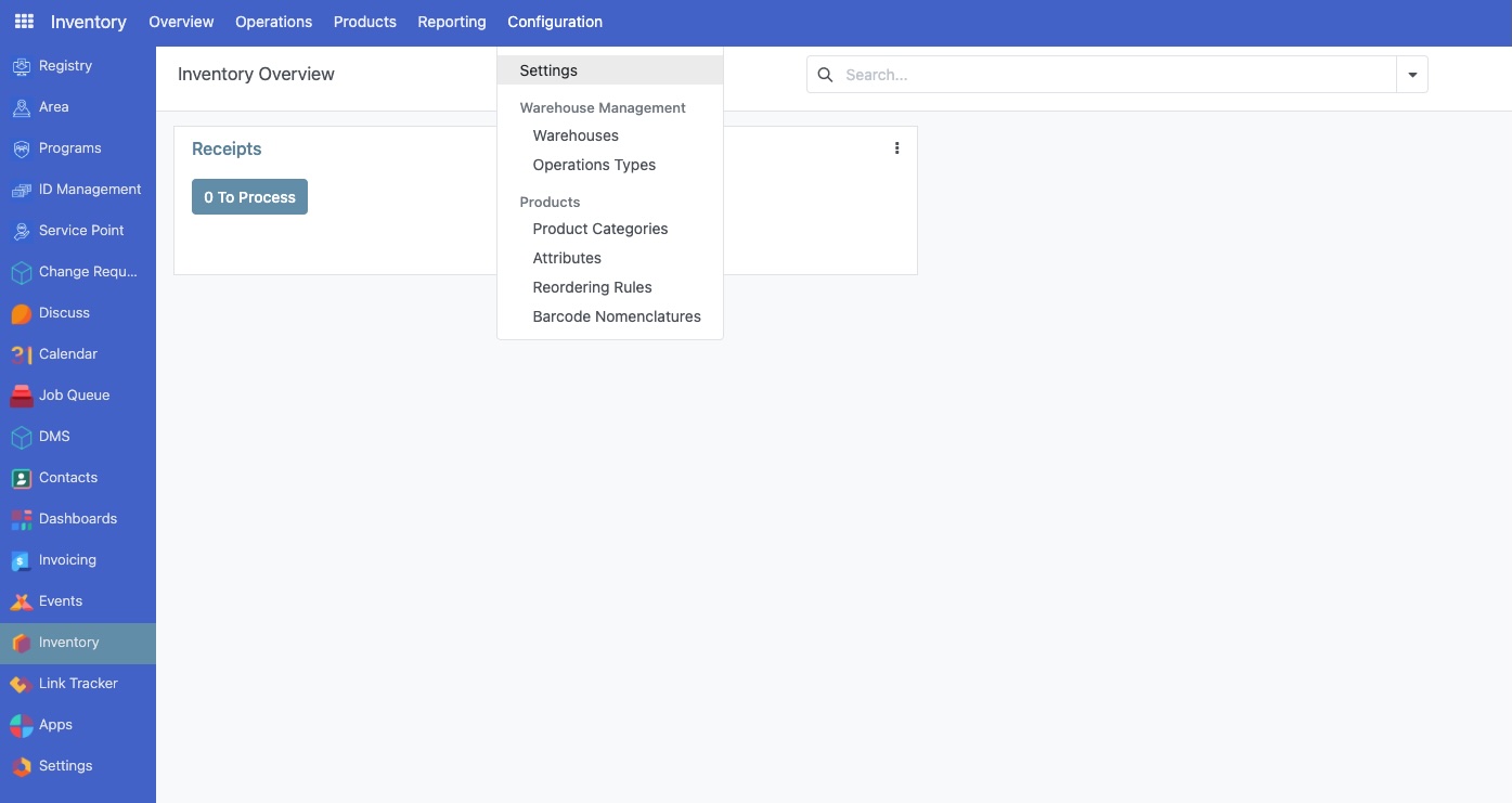 OpenSPP interface showing the main menu with Inventory selected and Configuration submenu with Settings option highlighted