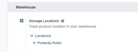 Inventory Settings page displaying the Warehouse section with the Storage Locations checkbox available for activation