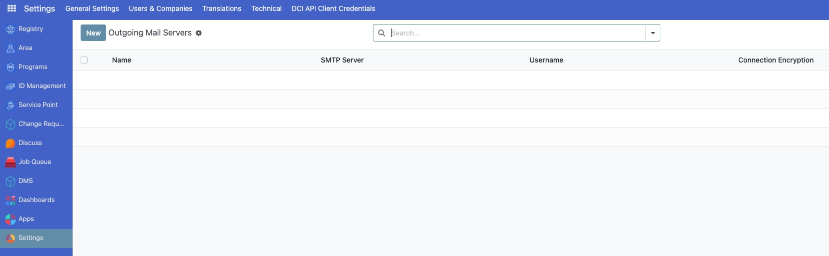 Outgoing Email Servers list page with the 'New' button highlighted to create a new server configuration