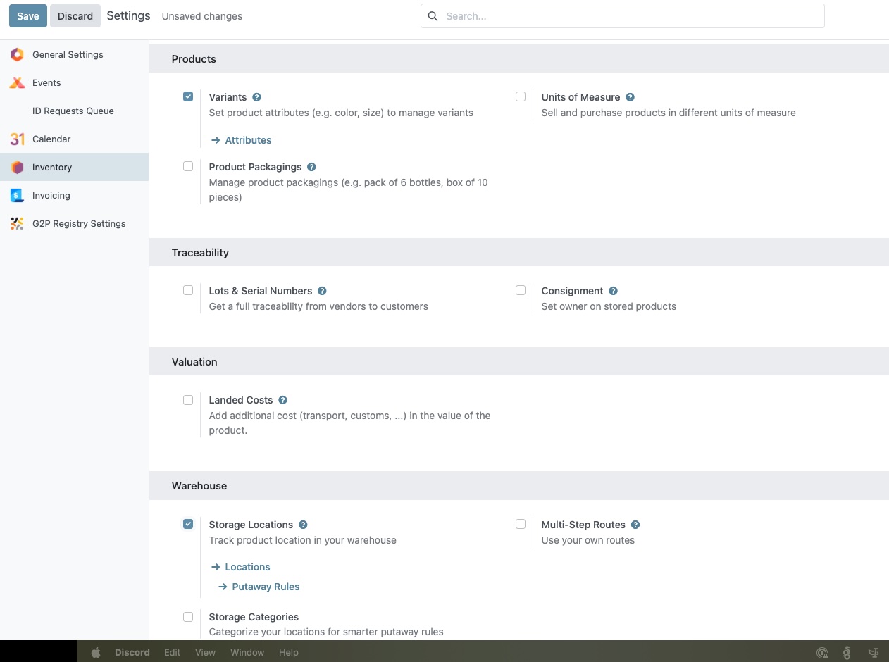 Inventory Settings page showing the Save button at the top after enabling Storage Locations configuration