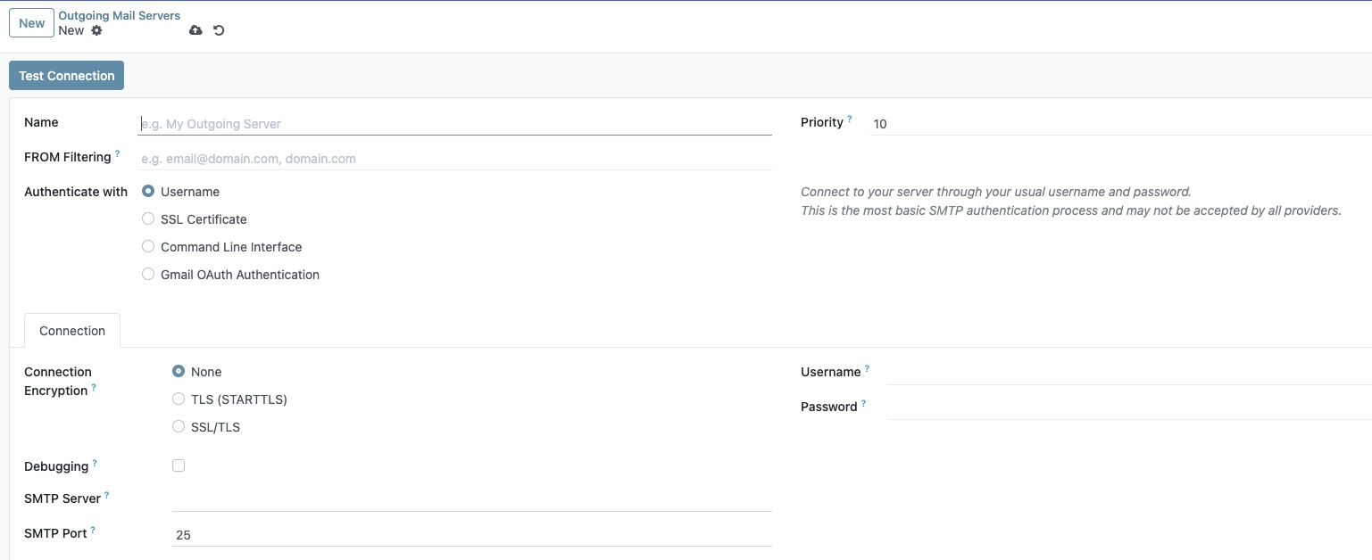 SMTP server configuration form showing fields for Name, Priority, Connection Encryption, Username, Password, SMTP Server, and SMTP Port