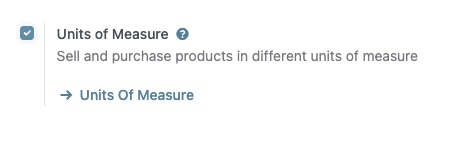 Inventory Settings page showing the Products section with the Units of Measure checkbox ready for activation