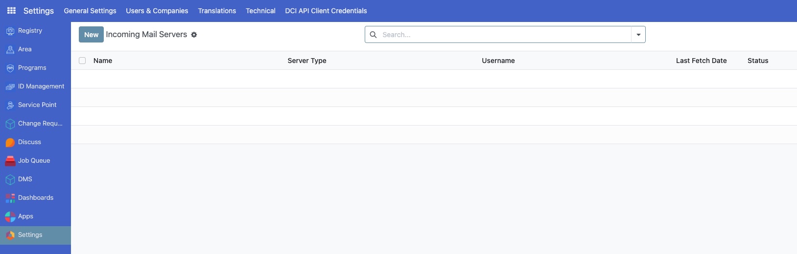 Incoming Email Servers list page with the 'New' button highlighted to create a new server configuration