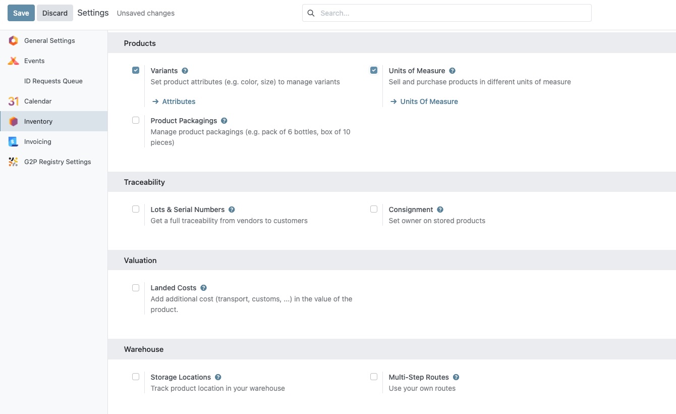 Inventory Settings page with the Save button highlighted at the top after enabling Units of Measure configuration