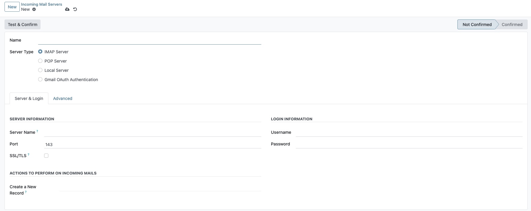 IMAP/POP server configuration form showing fields for Name, Server Type, Server Name, Port, SSL/TLS, Username, Password, and Action settings