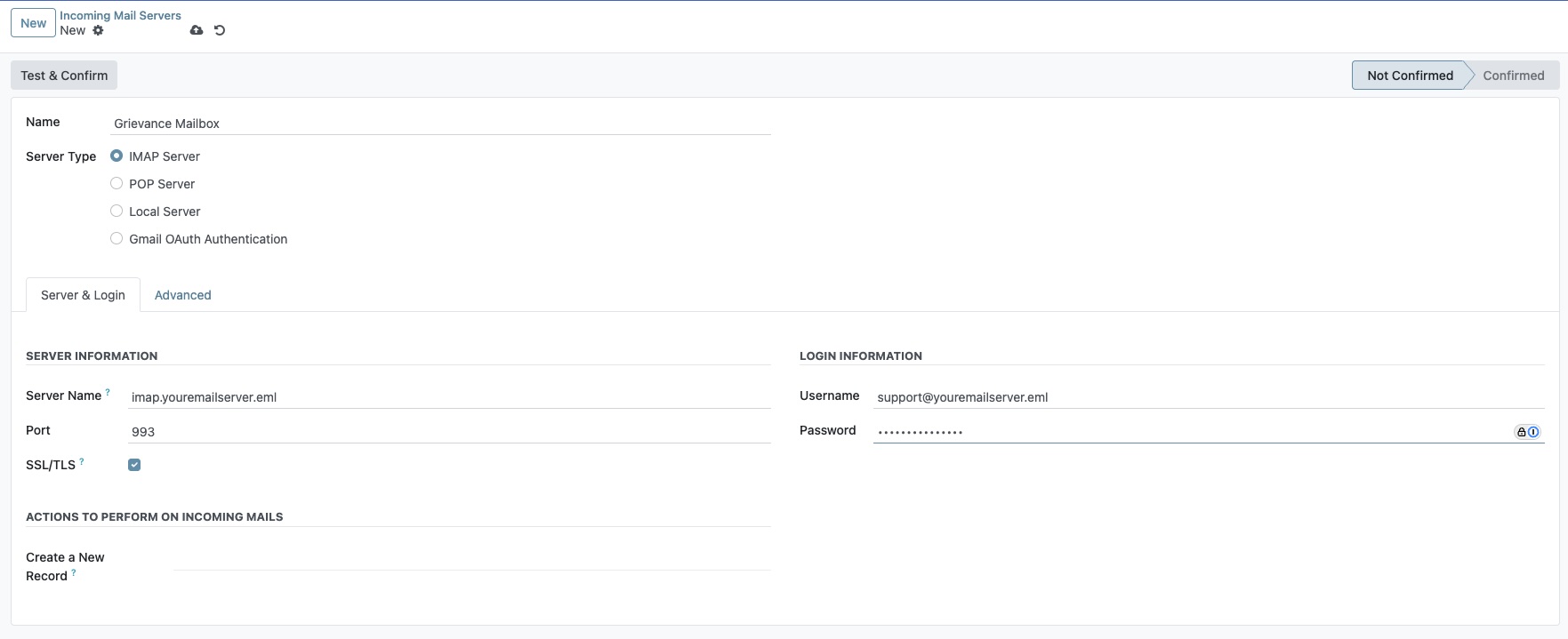 Completed incoming email server configuration form with 'Test & Confirm' and 'Save' buttons highlighted