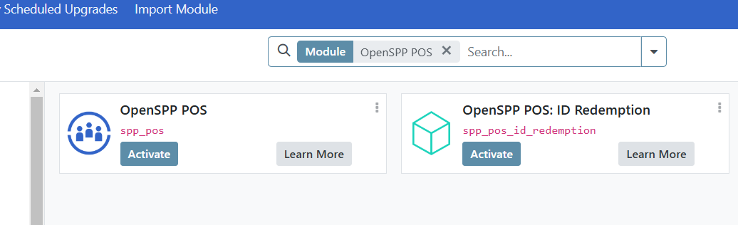 OpenSPP POS module activation screen showing both POS modules with Activate buttons