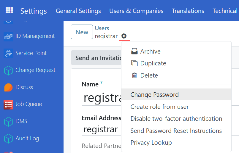 Access rights change password