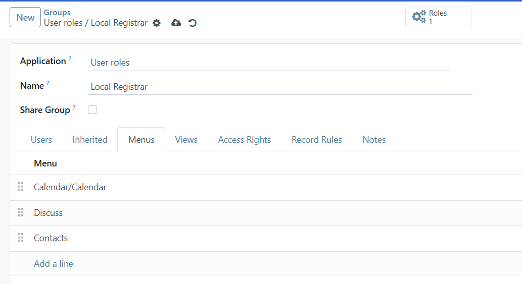 Access rights menu column