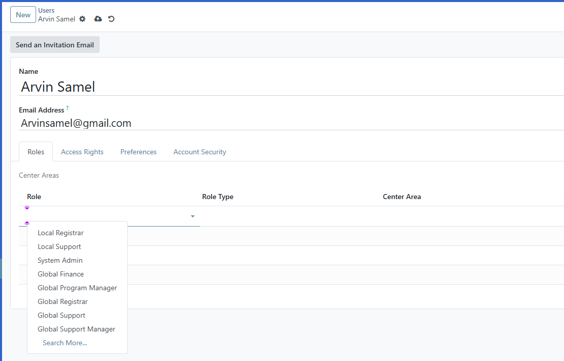 Access rights roles dropdown
