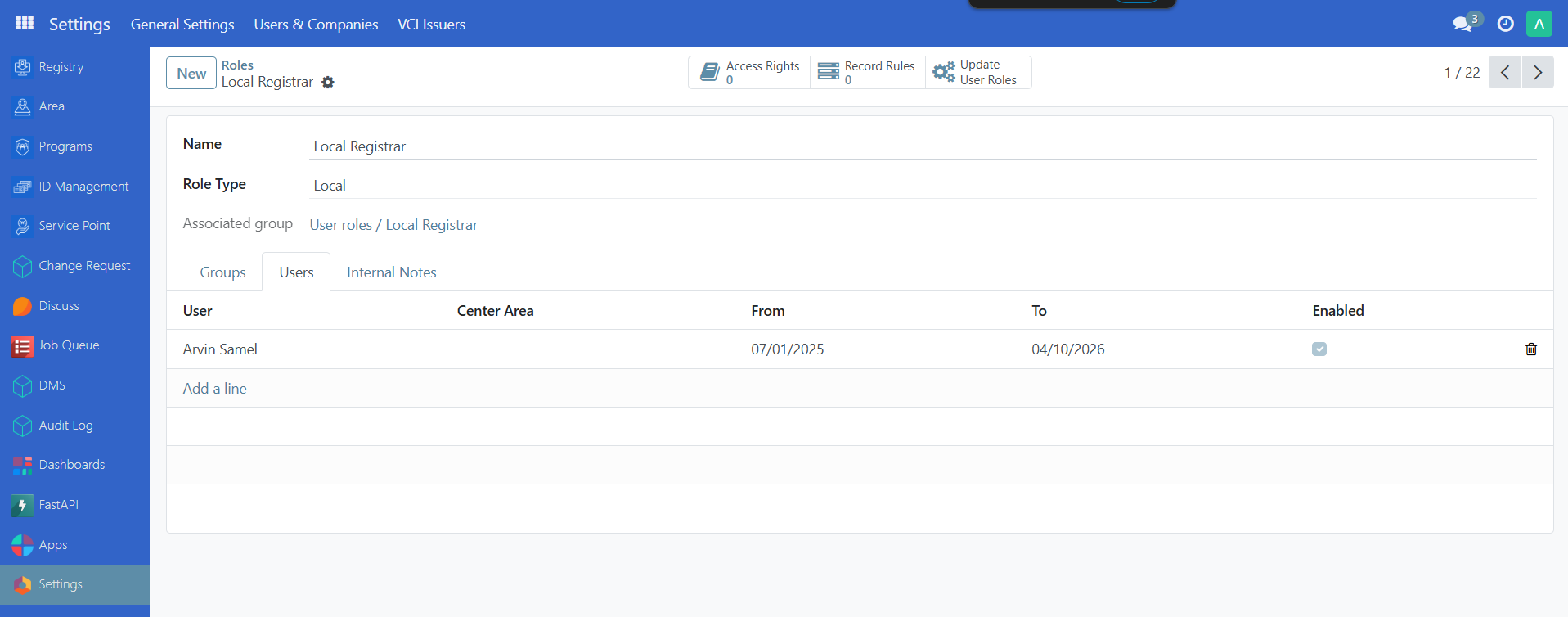 Access rights roles list