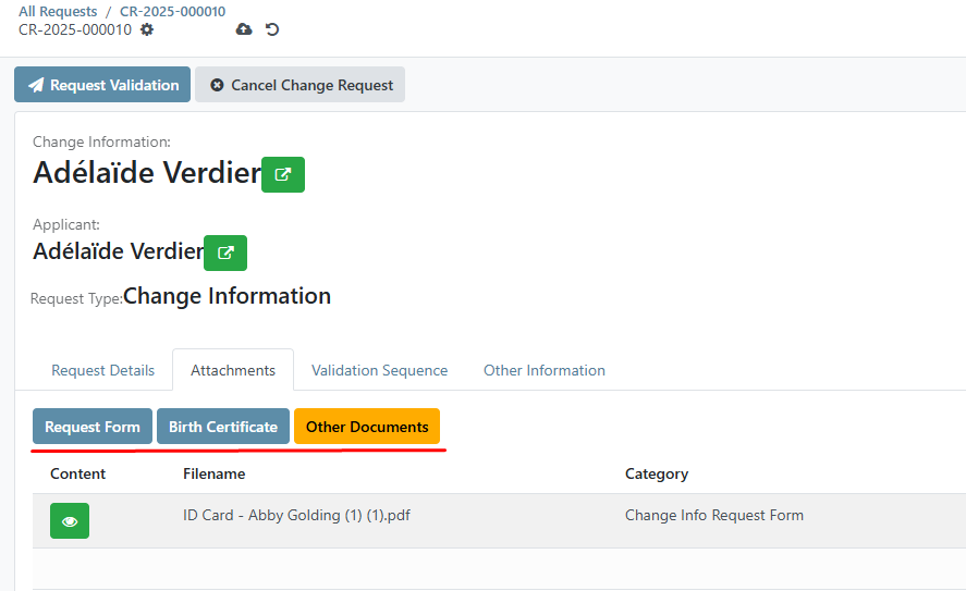 Change request attachment tabs