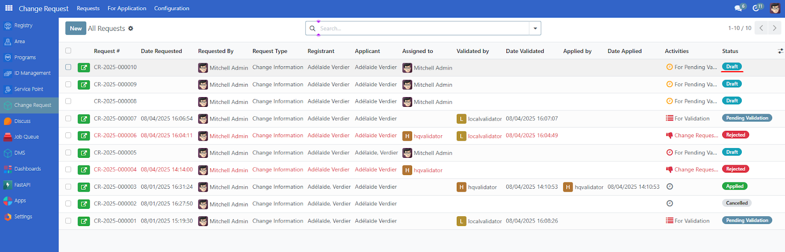 Change request list of requests