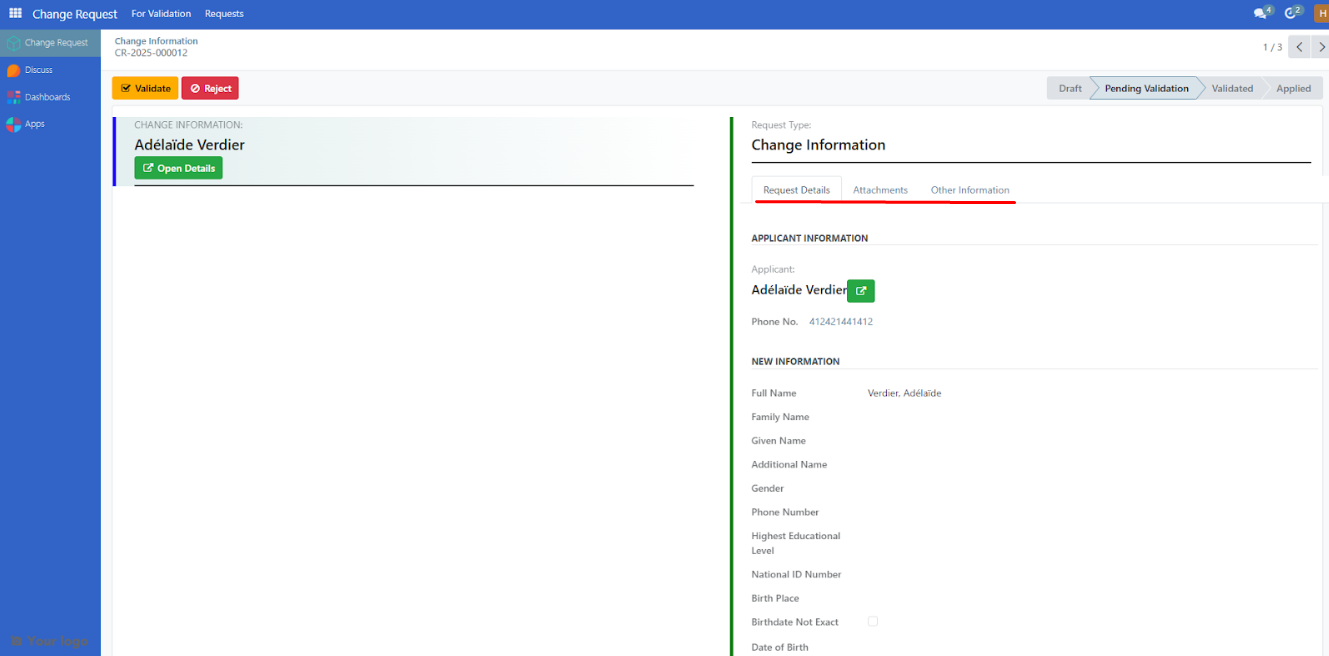 Change request review change information as hq