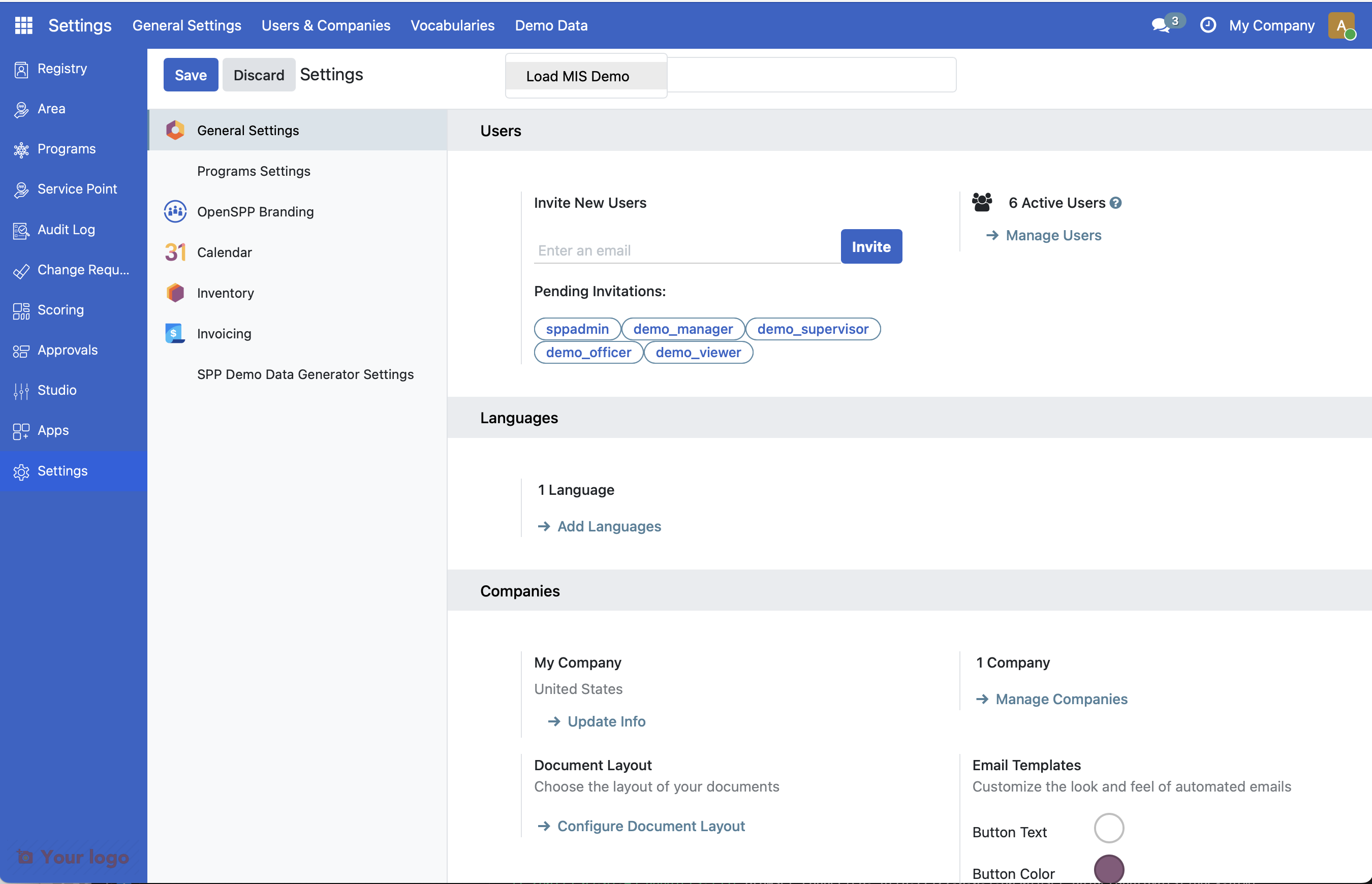 Screenshot: Settings with Demo Data menu