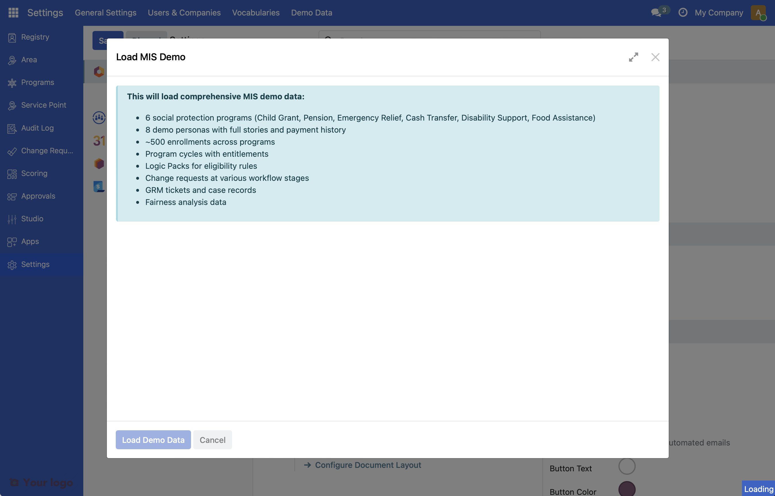 Screenshot: Generate MIS Demo Data wizard