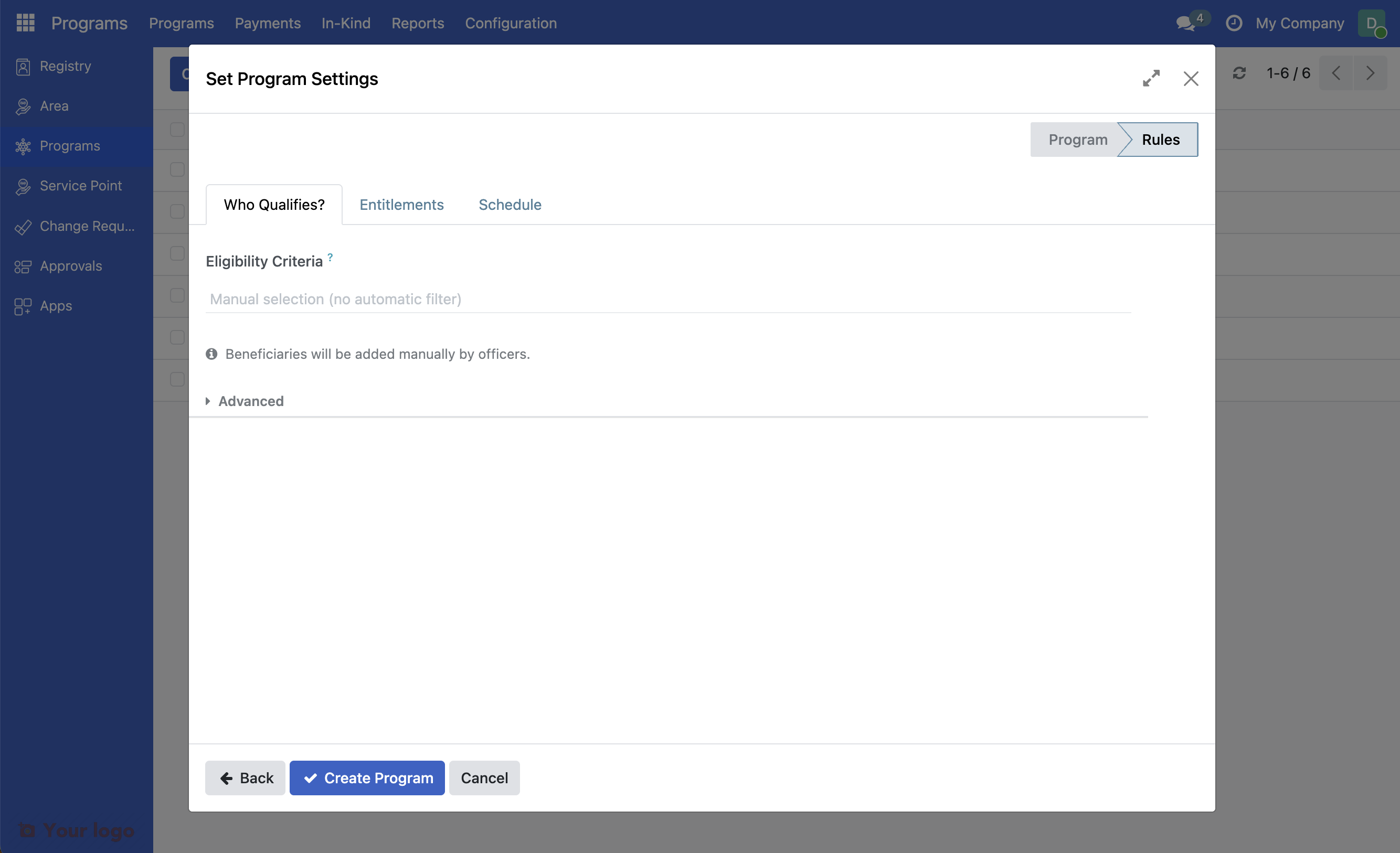 Screenshot: Program form showing the four tabs: Who Qualifies?, hat Do They Receive?, Distribution Schedule, Ongoing Compliance (Optional)