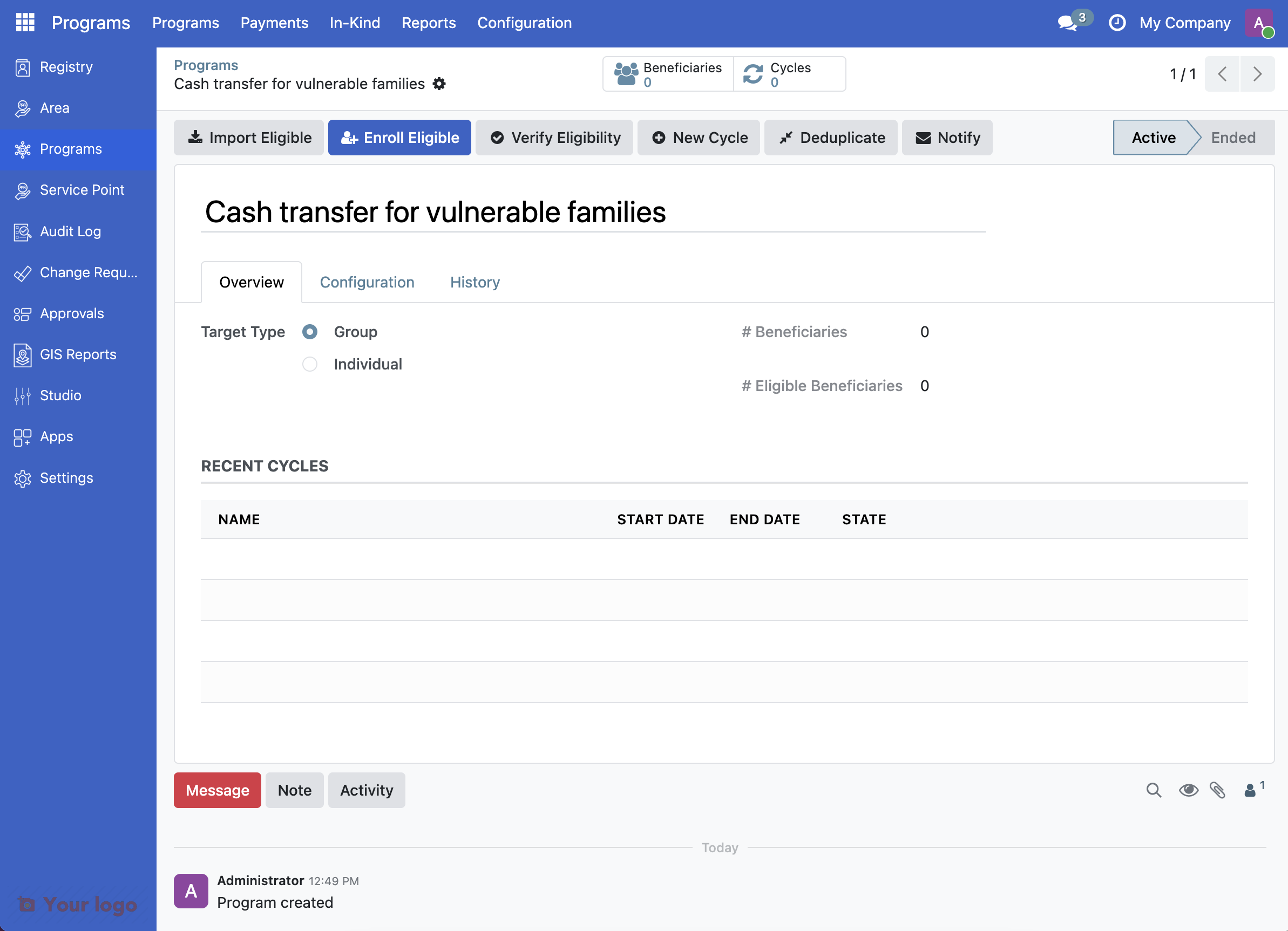 Screenshot: Program page showing "Cash Transfer for Vulnerable Families" and the tab "Configuration"