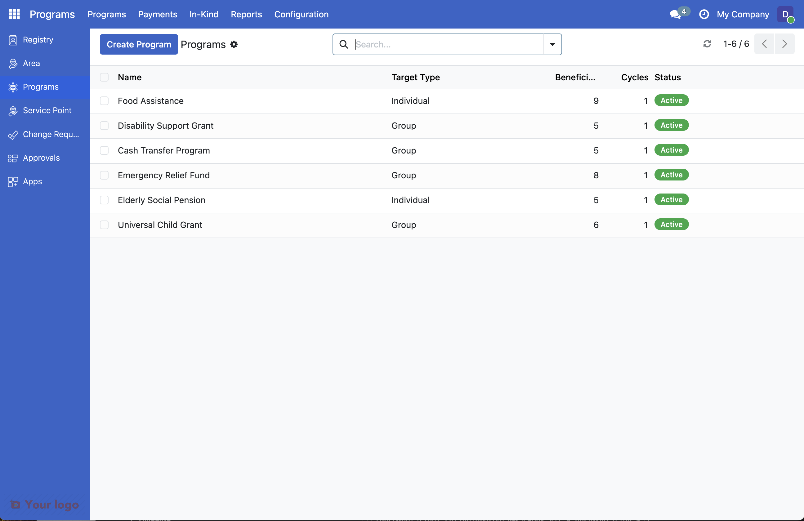 Screenshot: Programs list view with Create button highlighted in top-left