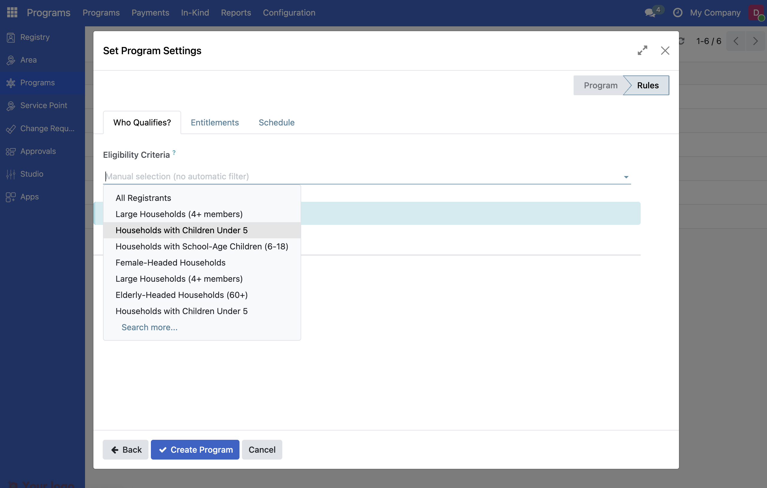 Screenshot: Dropdown for eligibility criteria