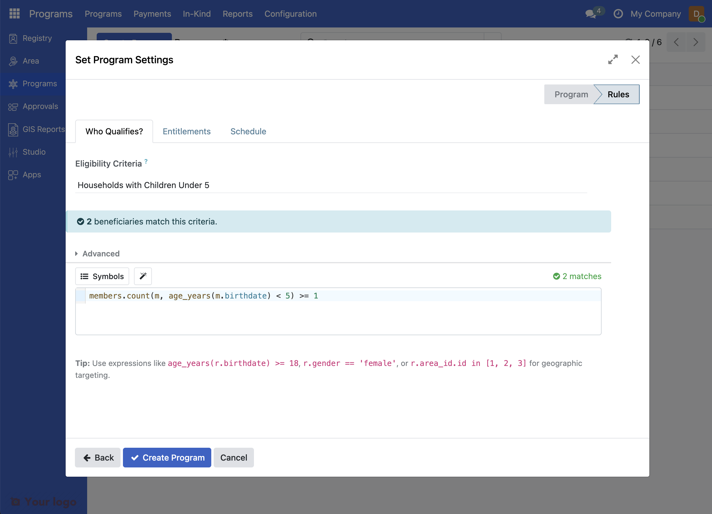 Screenshot: Advanced field for eligibility criteria