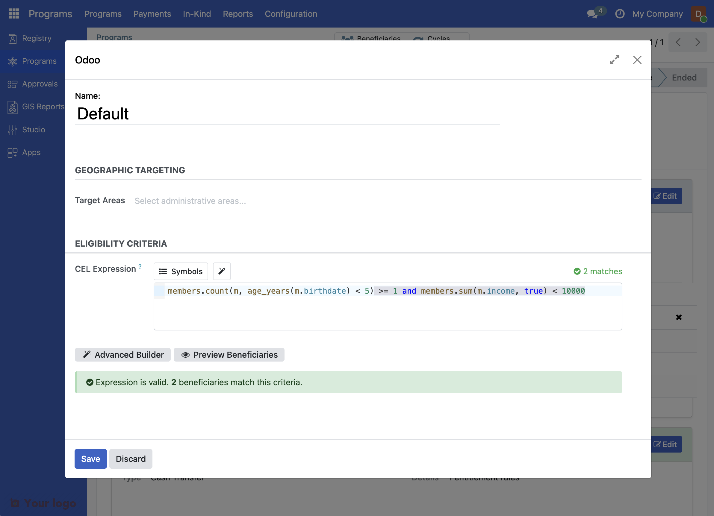 Screenshot: Advanced field for eligibility criteria